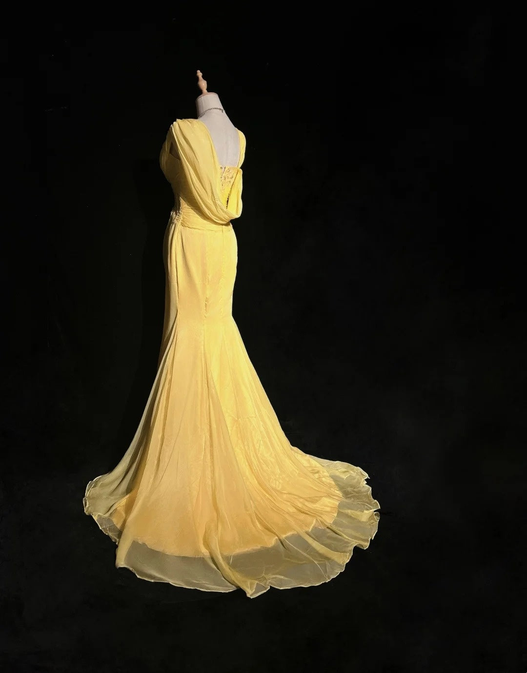 Vintage Prom Dresses Mermaid Yellow Chiffon With Appliqued 80s Long Formal Gown N2733