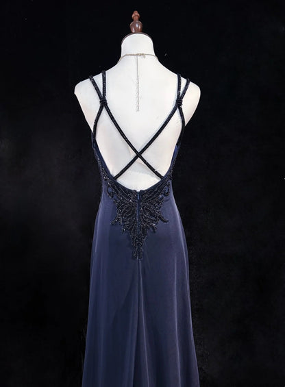 Vintage Prom Dresses 1980s A Line Spaghetti Strap Satin Navy Blue Long With Beading Evening Outfits N3133