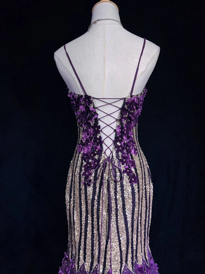 Glitter Prom Dresses Mermaid Spaghetti Strap Purple Chiffon With Flowers Long Formal Evening Dress N3893