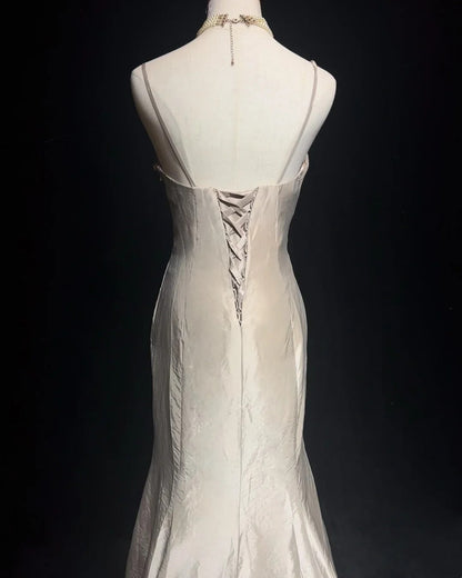 Vintage Prom Dresses Mermaid Spaghetti Strap Silver Taffeta With Beading 90s Long Formal Gown N2892