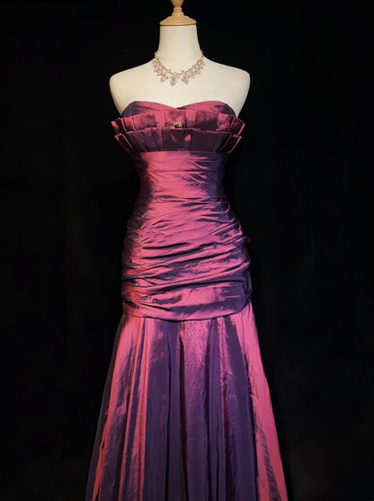 Vintage Prom Dresses Mermaid Sweetheart Purple Satin 90s With Ruffles Long Formal Party Dress N2513