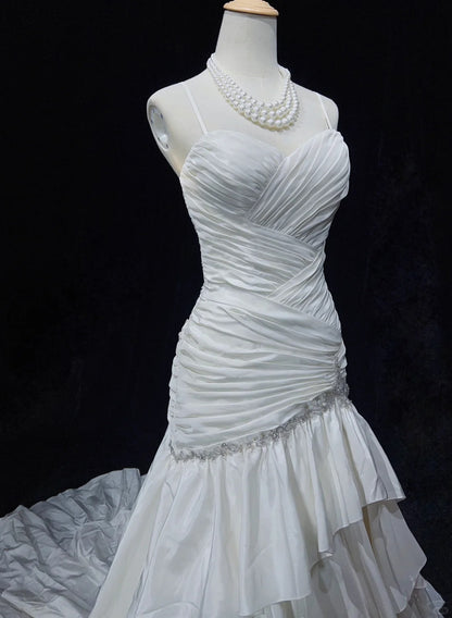 Unique Wedding Dresses Mermaid Spaghetti Strap Beach Boho Satin With Tiered Layers White Long Bridal Gown N3612