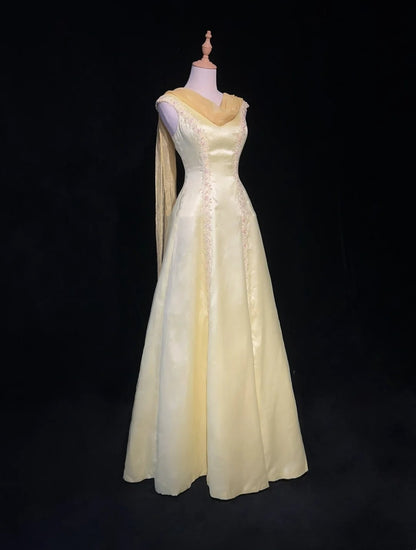 Vintage Prom Dresses 1950s Retro Classy A line Scoop Yellow Satin Evening Outfits With Scarf N3011