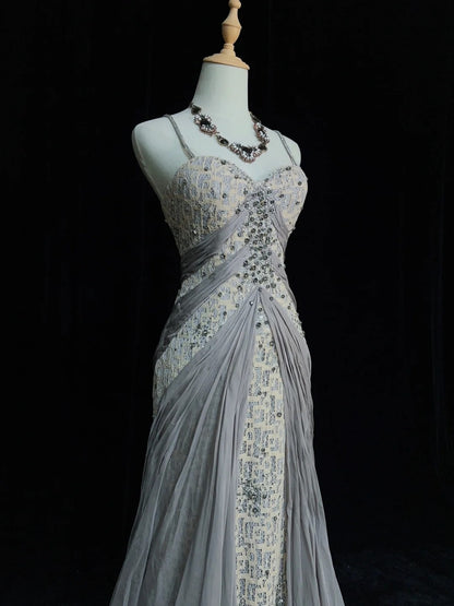 Vintage Prom Dresses Inspo Mermaid Spaghetti Strap Grey Lace 90s With Lace Sequined Formal Gowns N3348