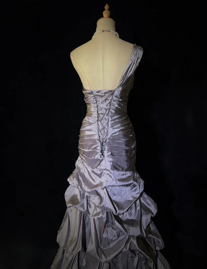 Dreamy 90s Prom Dresses Mermaid One Shoulder Grey With Beading Formal Evening Outfits N3819