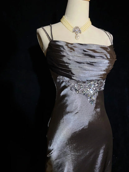 Vintage Prom Dresses Inspo Mermaid Spaghetti Strap Grey Satin 90s With Beaded Formal Gowns N3351