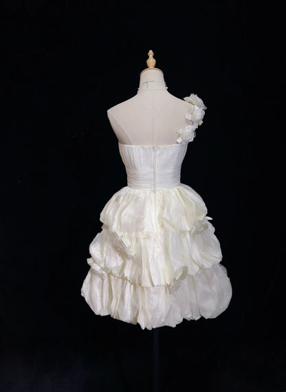 Timeless Wedding Dresses Sheath One Shoulder White Organza With Ruffled Short Bridal Gown N3005