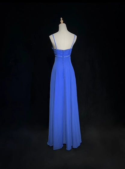 Pretty Prom Dresses A line Spaghetti Strap Royal Blue Chiffon With Beading Long Formal Dress N3002