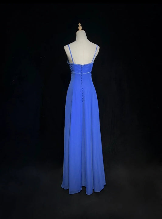 Pretty Prom Dresses A line Spaghetti Strap Royal Blue Chiffon With Beading Long Formal Dress N3002