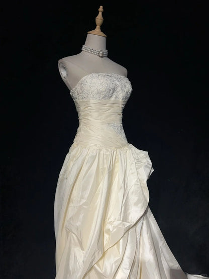 Vintage Prom Dresses 80s Ball Gown Light Champagne Strapless With Lace Evening Outfits N3470