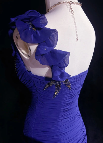 Vintage Prom Dresses Mermaid One Shoulder Royal Blue Chiffon With Beading 3D Flowers Long Formal Dress N2458