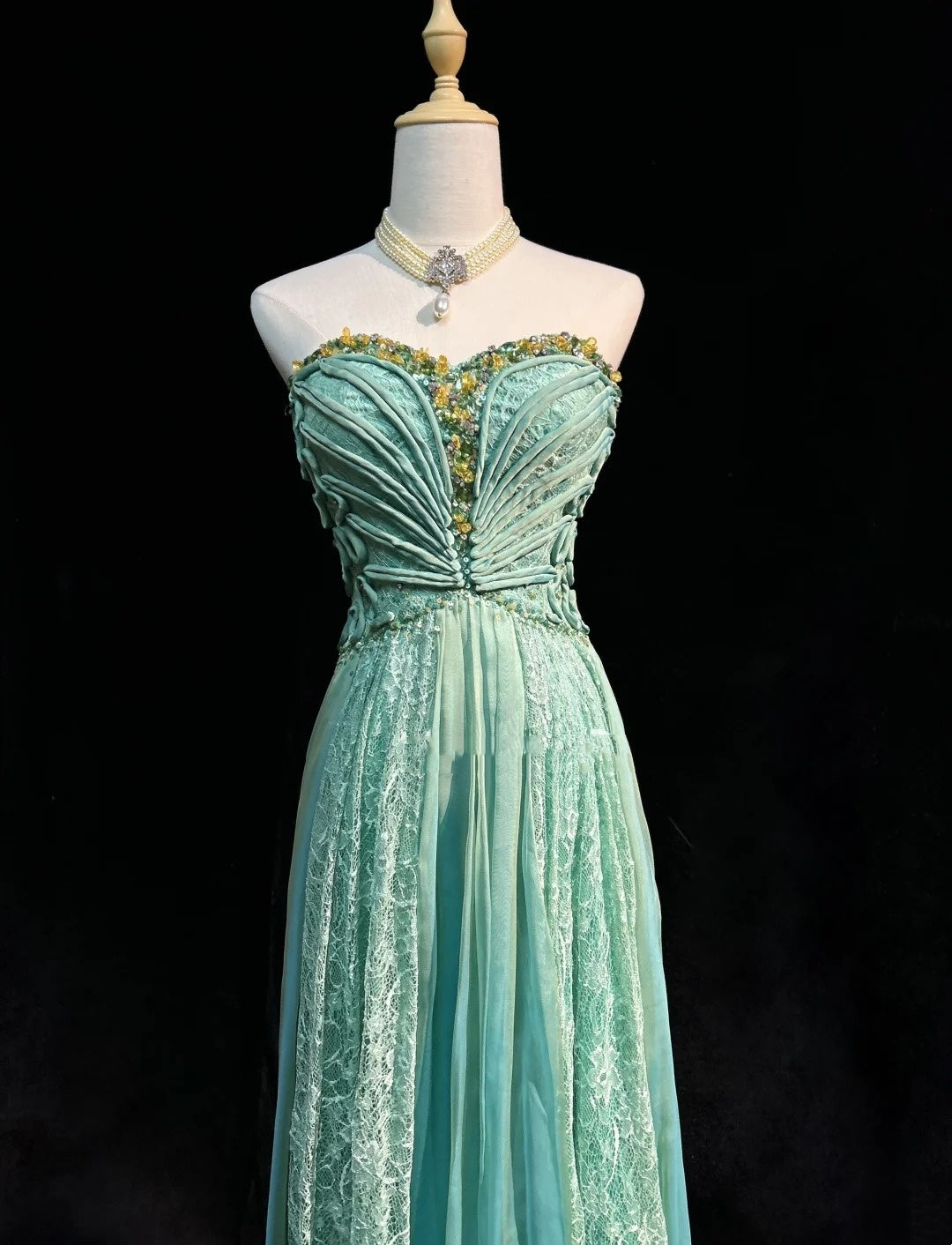 Retro Gown Prom Vintage Dresses A line Sweetheart Green Lace Chiffon With Beading 90s Formal Outfits N2328