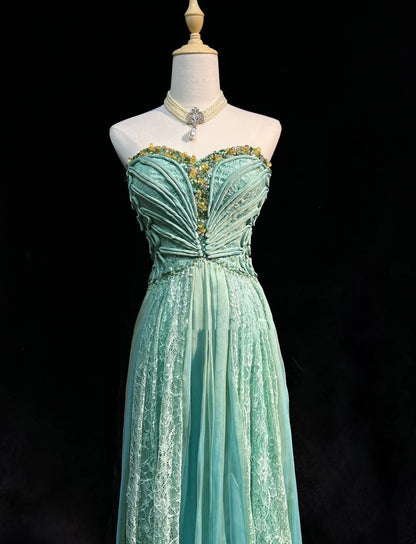 Retro Gown Prom Vintage Dresses A line Sweetheart Green Lace Chiffon With Beading 90s Formal Outfits N2328