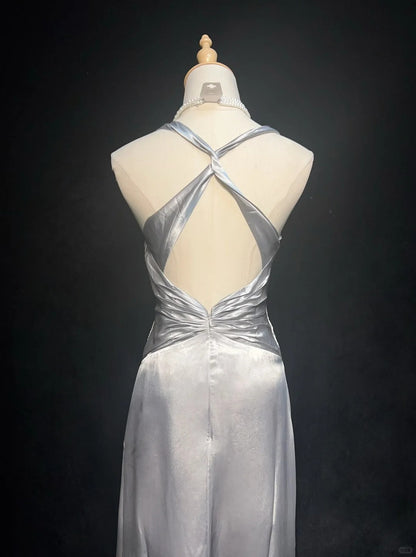 Vintage Prom Dresses 2000s A line Halter Silver Gray With Ruffle Long Prom Gown N3028