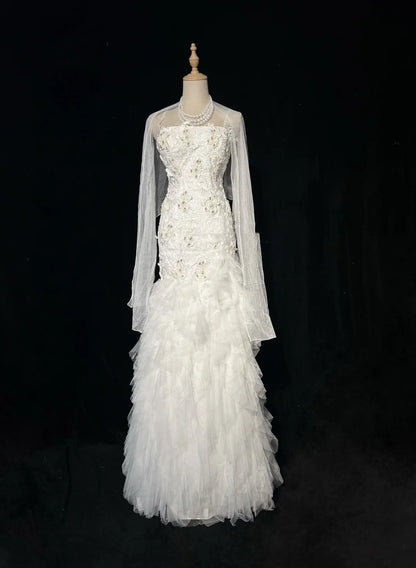 Timeless Mermaid Spaghetti Straps White Tulle Lace With Wedding Ruffled Bridal Gown Long Wedding Dresses RB4325