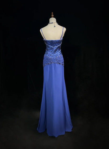 Vintage Prom Dresses 1960s Mermaid Spaghetti Strap Royal Blue With Beaded Cape Long Prom Gown N3118