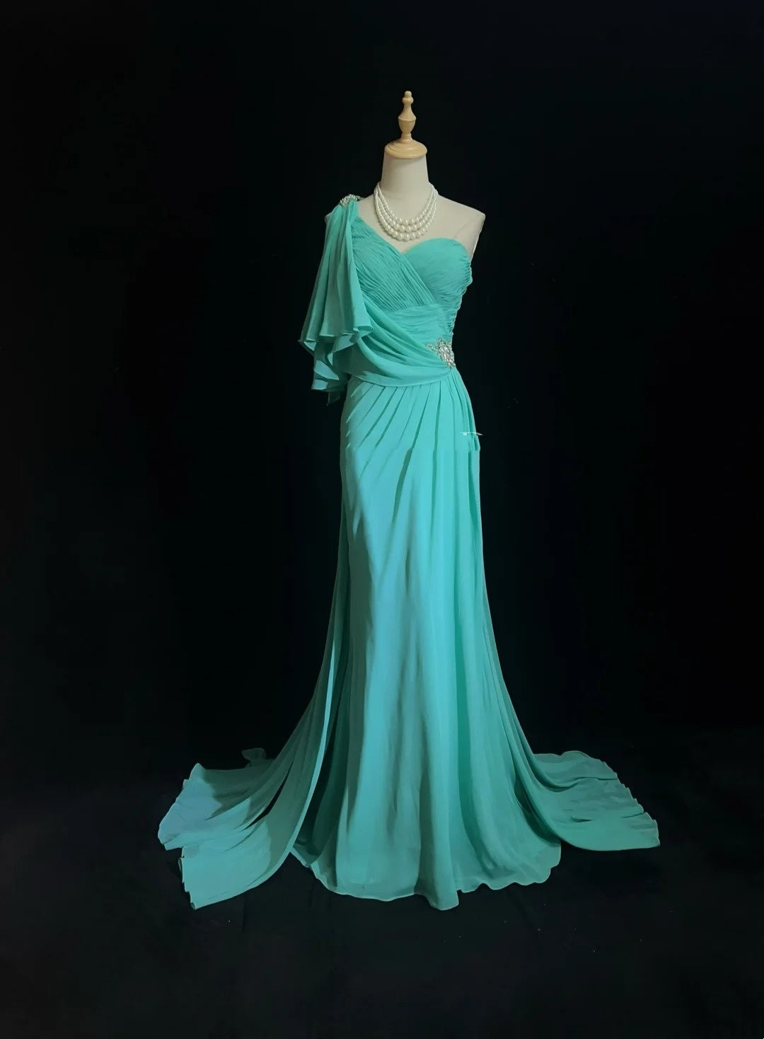 Vintage Prom Dresses Mermaid One Shoulder Blue Chiffon 80s Long Formal Gown N2758
