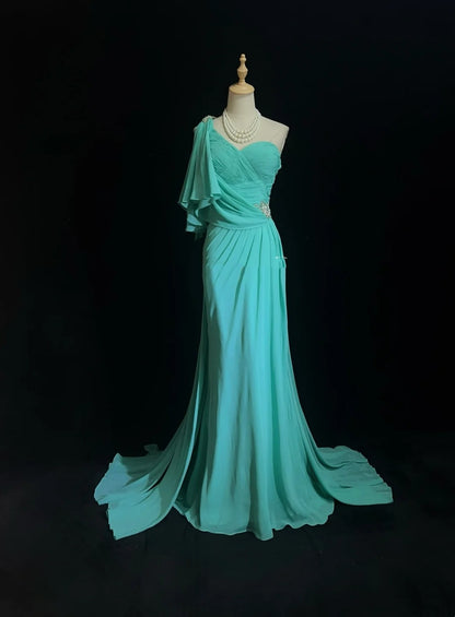 Vintage Prom Dresses Mermaid One Shoulder Blue Chiffon 80s Long Formal Gown N2758