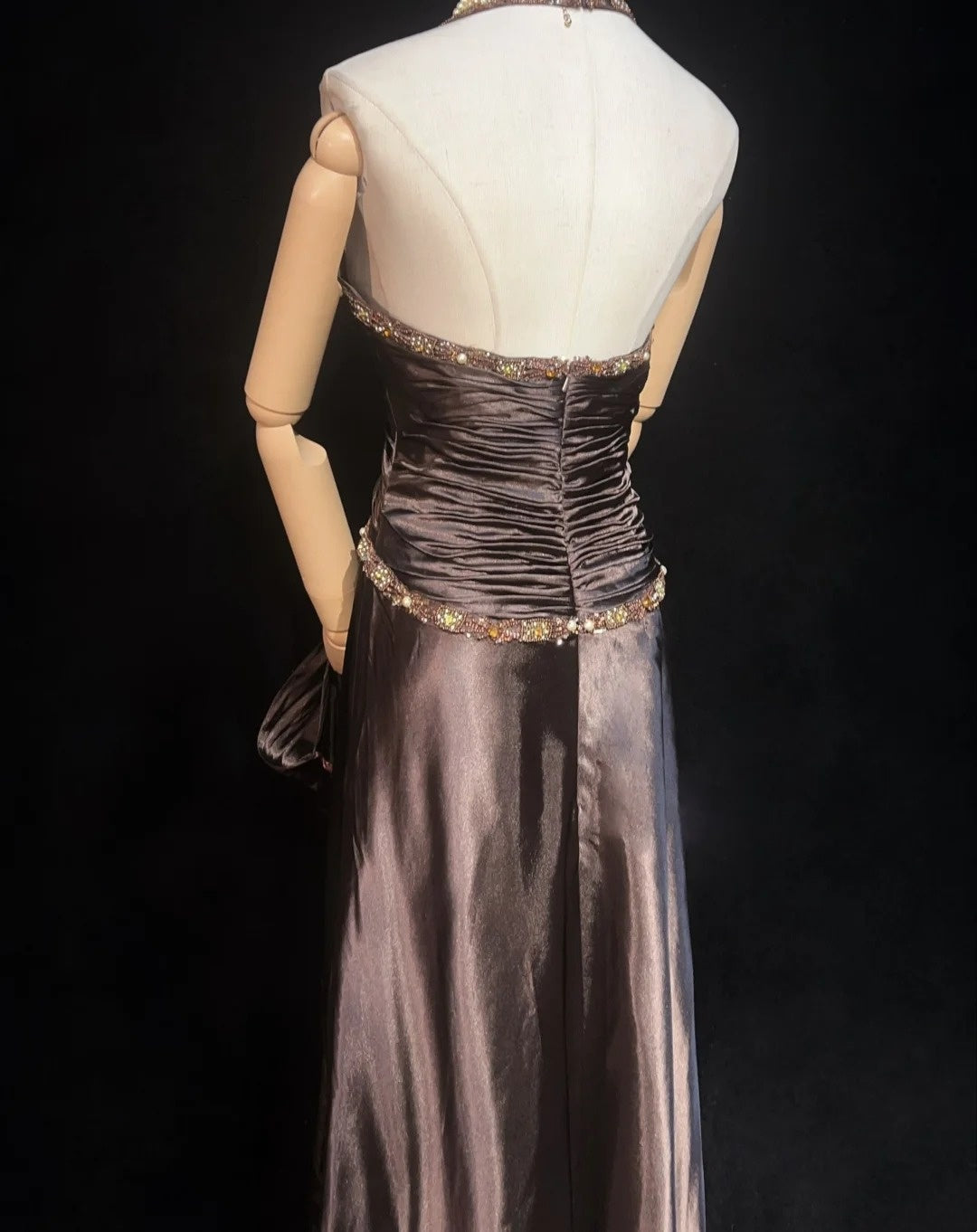 Vintage Prom Dresses A Line Halter Brown Sleeveless Satin With Cape Beading 1980s Long Formal Gown N2864