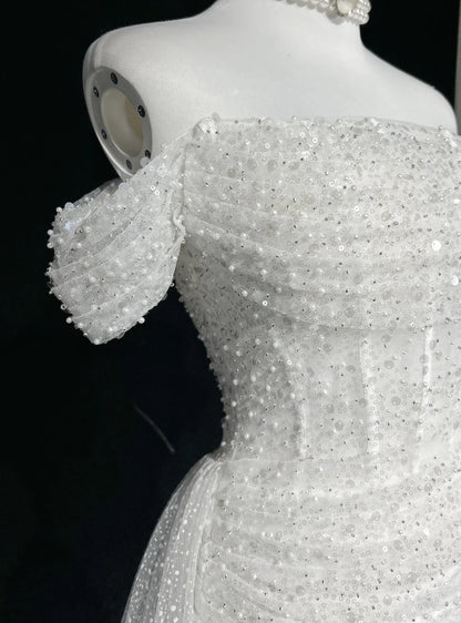 Unique Wedding Dresses Mermaid Off The Shoulder Sequin With Ruffled White Long Bridal Gown N3619