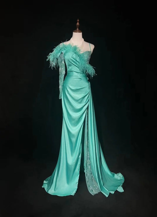 Retro Gown Prom Vintage Dresses Mermaid One Shoulder Long Sleeve With Feathers 90s Formal Outfits N2327