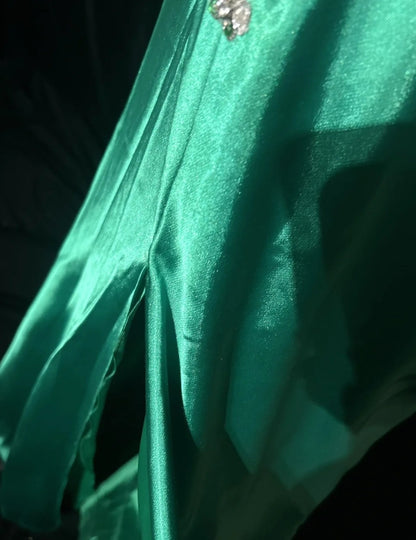 Vintage Prom Dresses A line One Shoulder Green Satin 70s With Appliques Lace Long Formal Gown N2529