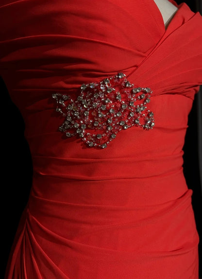 Vintage Prom Dresses A line Spaghetti Strap Red Mid Length Chiffon 1990s Formal Evening Gown N2665