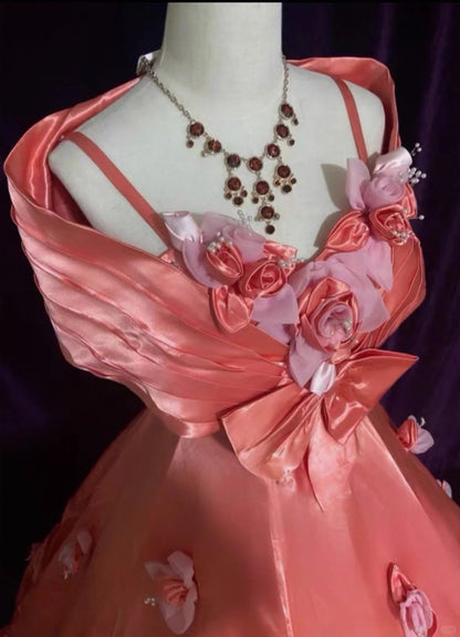 Princess Satin Spaghetti Straps Pink With Flowers Sweet 16 Dress Ball Gown Formal Party Sweet Sixteen Dress RC0098