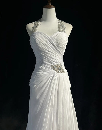 Timeless Wedding Dresses Mermaid Halter Chiffon White Satin With Beaded Long Brides Gown N3474