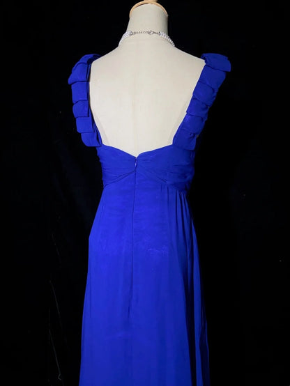Vintage Prom Dresses Inspo A Line V Neck Royal Blue Chiffon Long 1990s With Beading Formal Gowns N3352