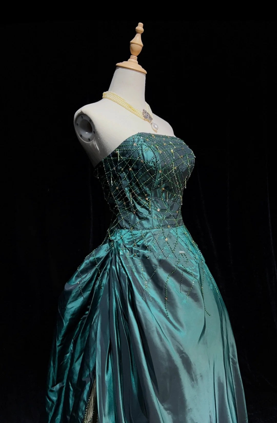 Vintage Prom Dresses Inspo Ball Gown Strapless Green With Beads 80s Long Formal Gown N2739