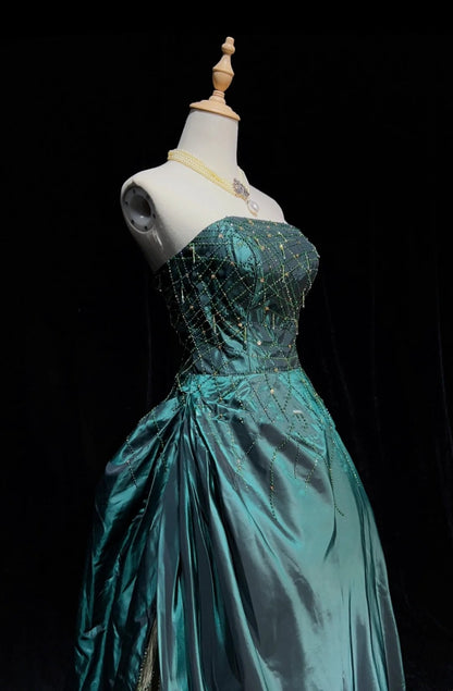 Vintage Prom Dresses Inspo Ball Gown Strapless Green With Beads 80s Long Formal Gown N2739