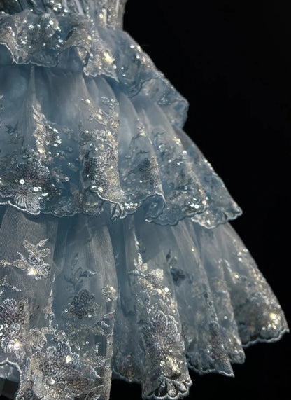Vintage Hoco Dress Ball Gown Spaghetti Straps Light Blue Lace Short Homecoming Party Dress RC0084