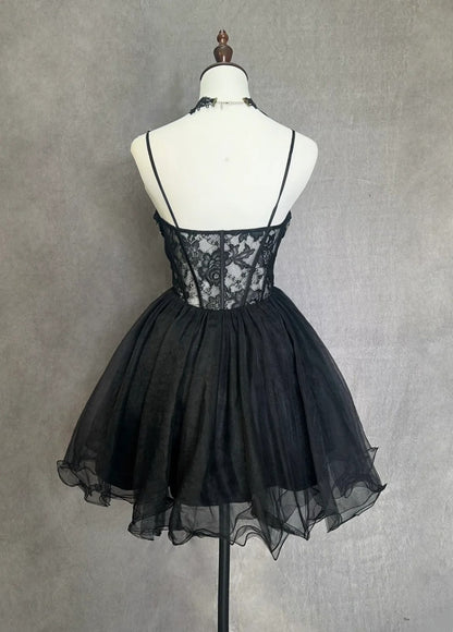 Pretty Ball Gown Spaghetti Strap Little Black Tulle Short Mini Homecoming Dresses N2521