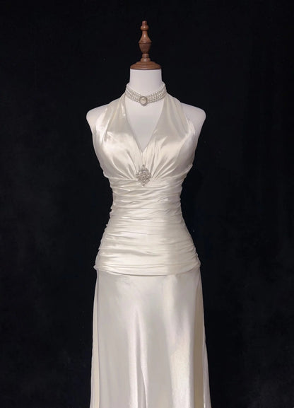 Vintage Prom Dresses A line Halter White Satin With Pleated Cape 1960s Long Formal Gown N2604