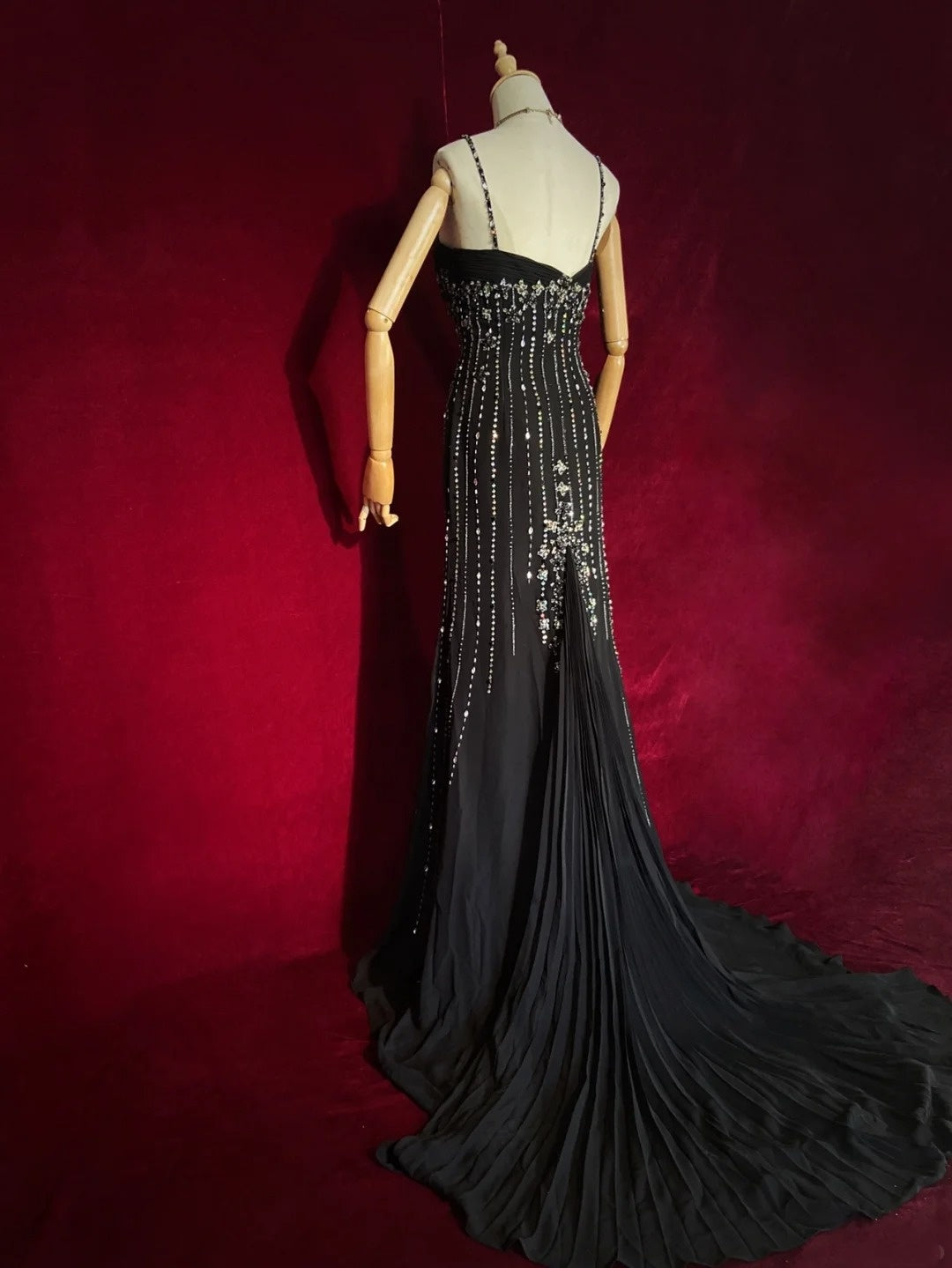 Vintage Prom Dresses 90s Mermaid Spaghetti Strap Black Tie With Silver Beading Long Semi Formal Evening Dress N3666