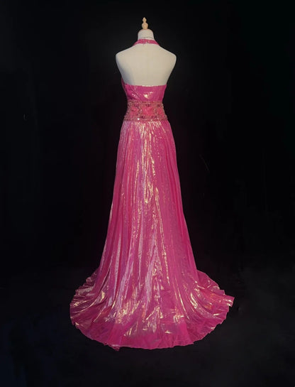 Vintage 90s Prom Dresses A Line Halter Hot Pink With Beading Crystals Long Prom Gown N3062