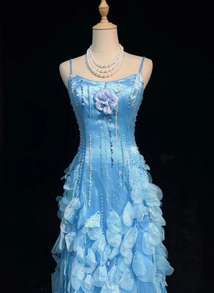 Blue Prom Dress Inspo A Line Spaghetti Straps With Beading Modest Long Formal Party Gown RC0083