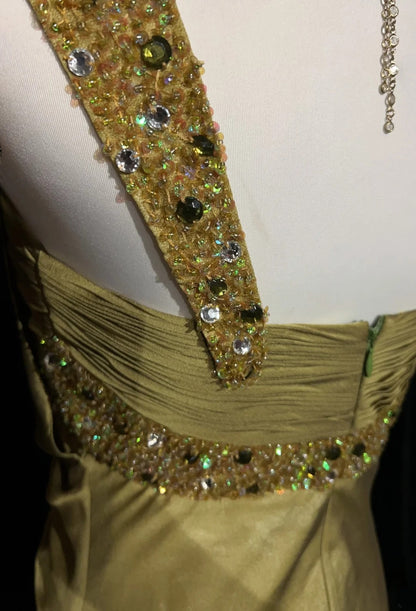 Vintage Prom Dresses A line One Shoulder Gold Chiffon 1990s Long Formal Evening Gown N2664