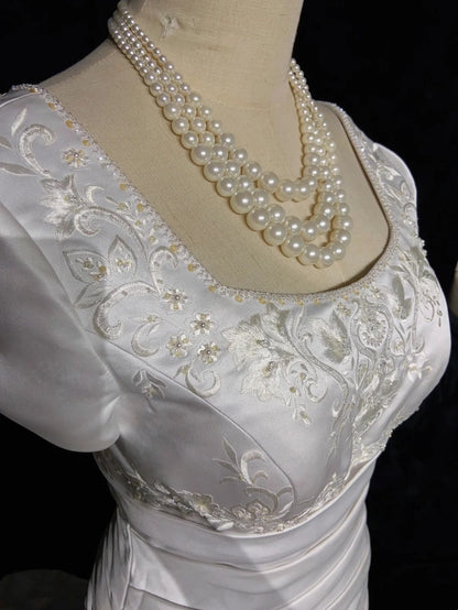 Timeless Wedding Dresses Mermaid Square Neck White Satin With Sleeves Beaded Long Brides Gown N3443