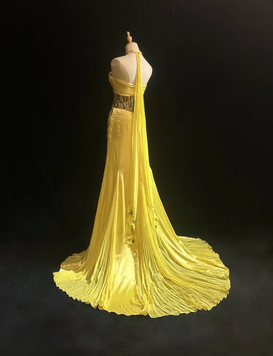 Vintage Prom Dresses A Line Halter Yellow 70s With Beading Chiffon Long Formal Party Dress N2526