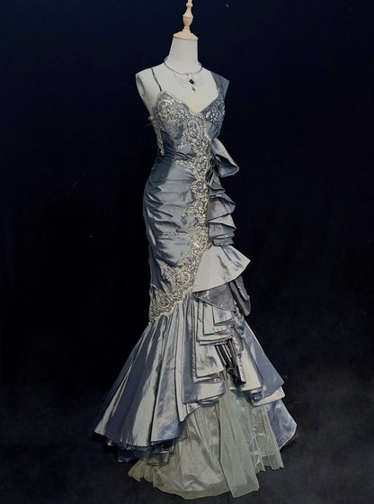 Vintage Prom Dresses Mermaid Straps Grey Satin Lace With Ruffles Long Evening Outfits N3442