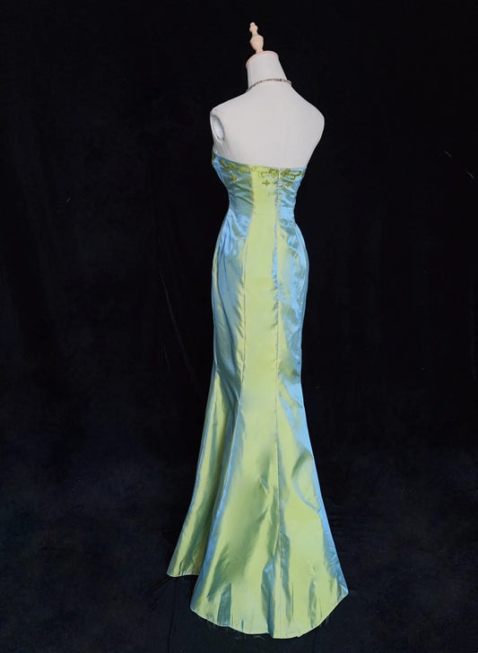 Vintage Prom Dresses Inspo Mermaid Strapless Sage Green Satin 90s With Beading For Women Formal Gowns N3330