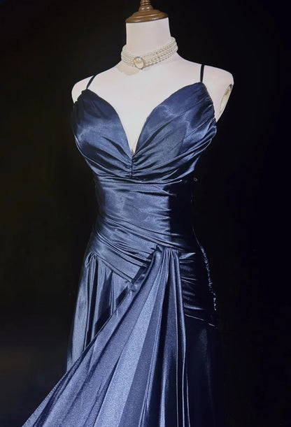 Vintage Prom Dresses A line Spaghetti Strap Navy Blue Satin 1990s Formal Evening Gown N2661
