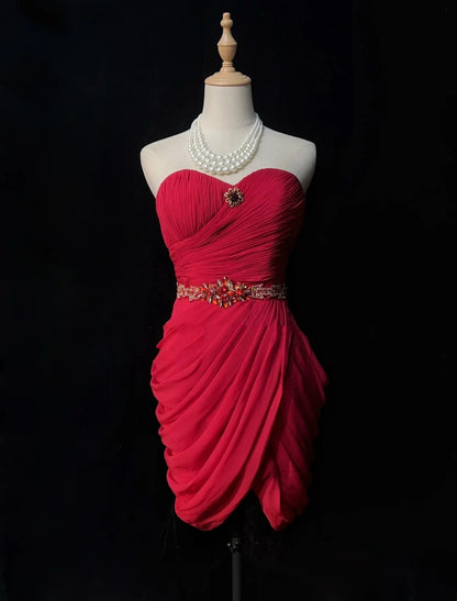 Cute Sheath Sweetheart Red Chiffon Short Mini 18th Birthday Gown Homecoming Dresses N3681
