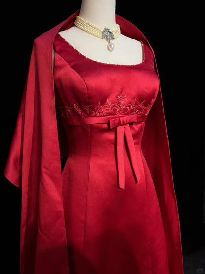 Vintage Prom Dresses Inspo A line Square Neck Red Satin 80s Long Formal Gowns With Cape N2857