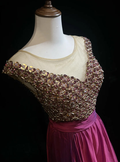 Vintage Prom Dresses A line Scoop Fuchsia Chiffon With Beading 80s Long Formal Evening Outfits N3880