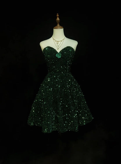 Vintage Ball Gown Sweetheart Dark Green Sequined Y2K 2000s Short Mini Homecoming Dresses N3108