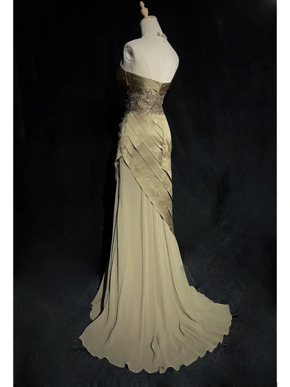 Modest Prom Dresses Mermaid Sweethart Olive Green Satin Sleeveless Formal Outfits N3609