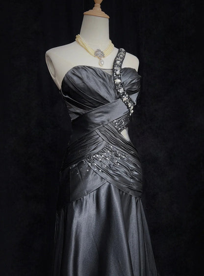 Vintage Prom Dresses 80s Mermaid One Shoulder Black Tie Dress With Beading Semi Formal Evening Outfits N3636